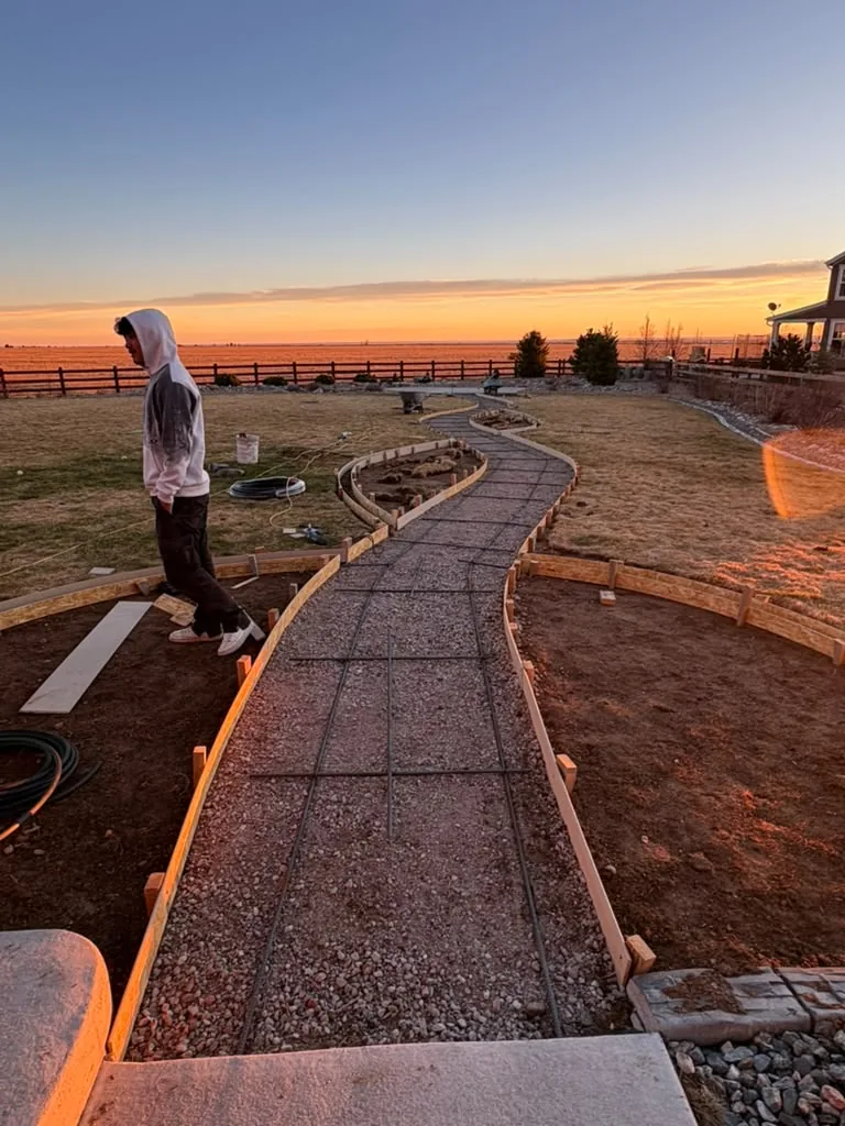 Curved walkway forms and rebar at sunset